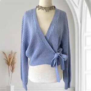 Only Chunky Baby Blue Shorter Crop Wrap Knit Knitted Cardigan M